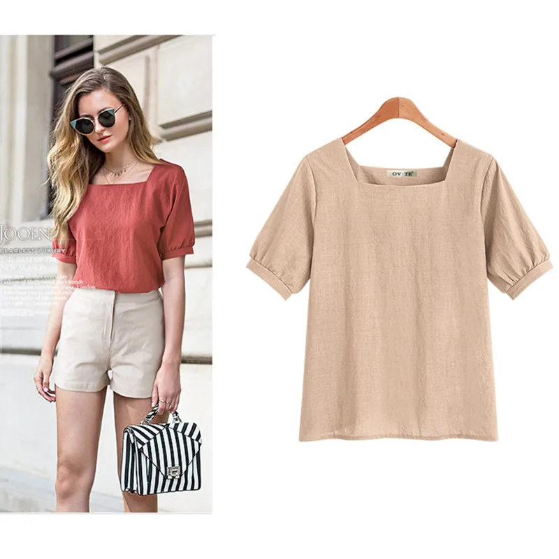 2018 Summer Cotton Linen Women Blouse Shirt Red Khaki Black Casual Chiffon Blouses Soft Breathable Female Tops Ladies Clothes