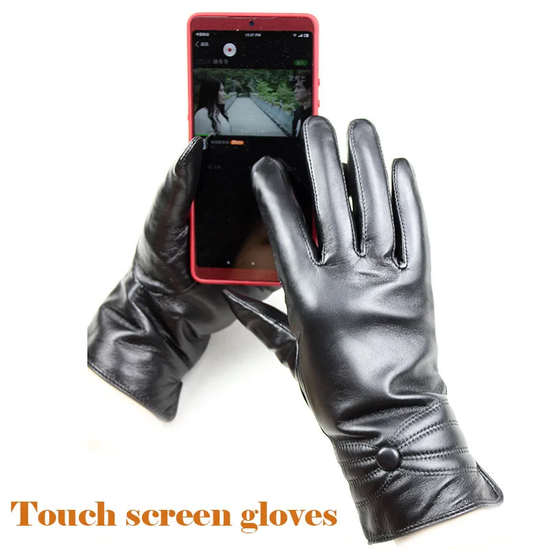 Winter Thickened Warmth Touch Screen Sheepskin Gloves Female Leather White Rabbit Fur Lining Outdoor Windproof Increase Finger