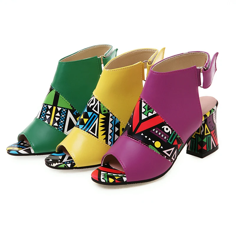 Women Stylish Print Sandals Boots Peep Toe Buckle Strap Summer High Heel Gladiator Shoes Woman Yellow Green sandalias mujer 2024