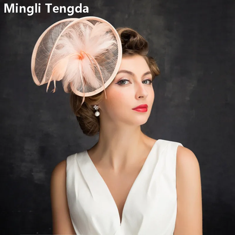 Mingli Tengda Wedding Hat Female Feather Hemp Yarn Solid Color Bride Hat Bridal Headdress Mesh Wedding Banquet Flesh Pink Hats