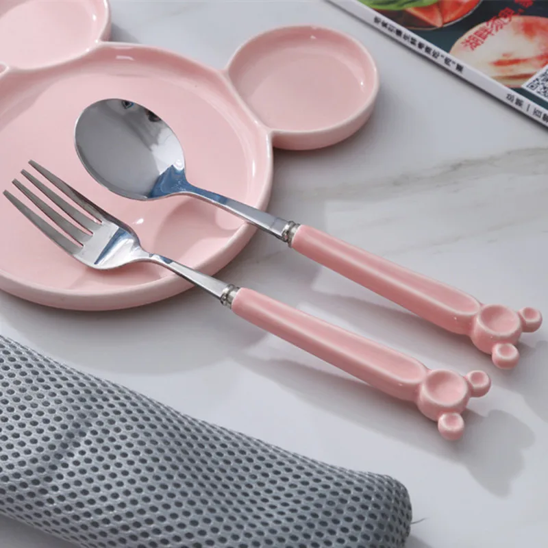 Stainless Steel Dinnerware Set for Children, Ceramic Long Handle Fork, Blue, Solid, Pink, Cute Cartoon Tableware, 2Pcs Set