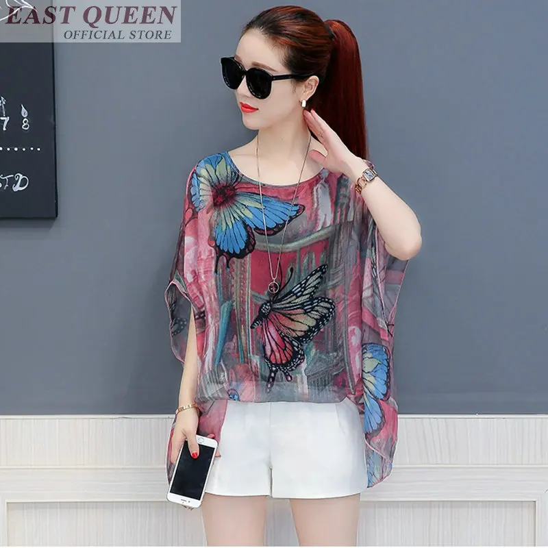 

Women summer blouse 2018 feminine shirts spliced fashion o-neck short batwing sleeve floral print chiffon blouse tops DD594 L