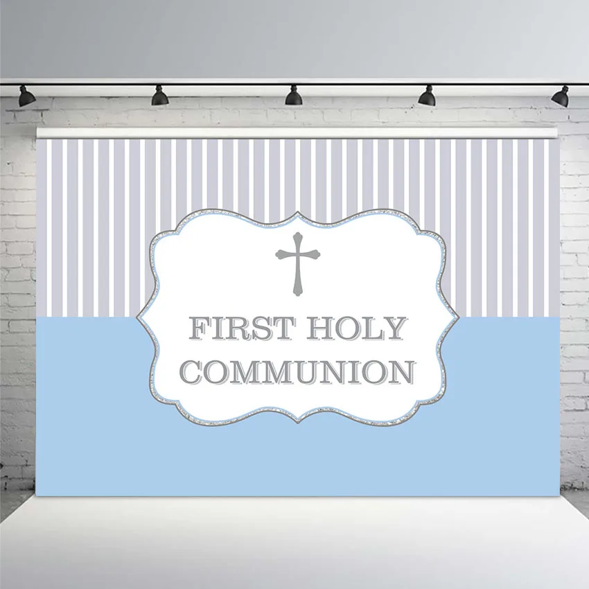 

Mehofoto First Holy Communion Theme Party Photography Backdrops Blue Cross Stripe God Bless Christening Background Photo Studio