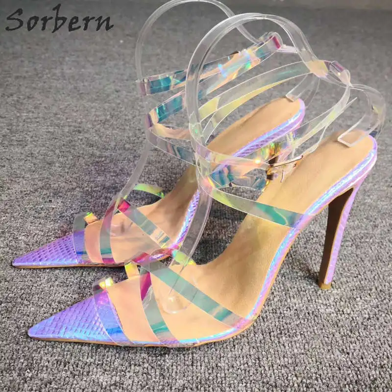 

Sorbern Holographic Shoes High Heel Sandals Stilettos Gladiator Sandal Pointed Toe Multicolored Footwear Slingback Summer Sandal