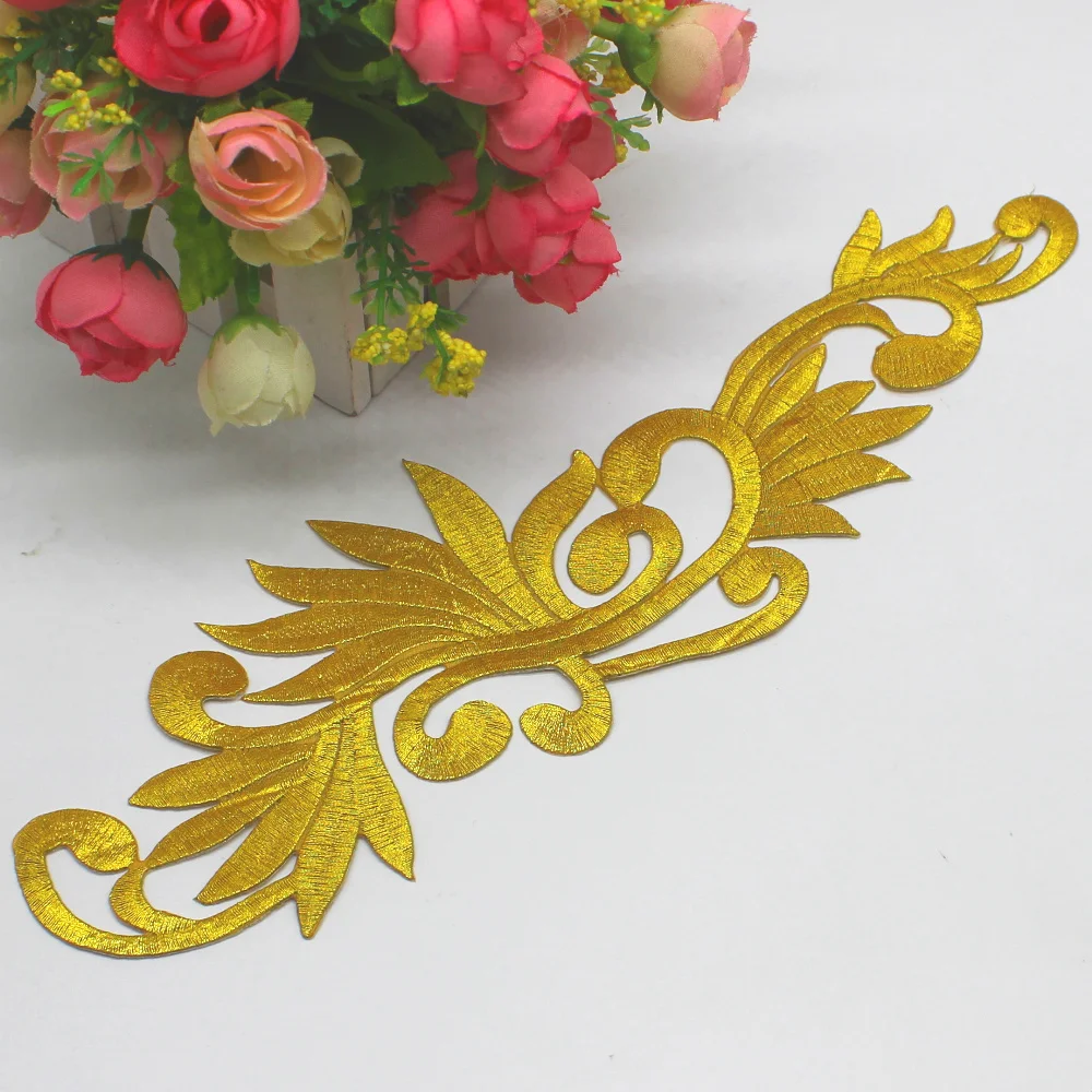 Gold Embroidered Patches Iron On Appliques Flower Diy Trims Metallic Gold And Silver 28*8cm