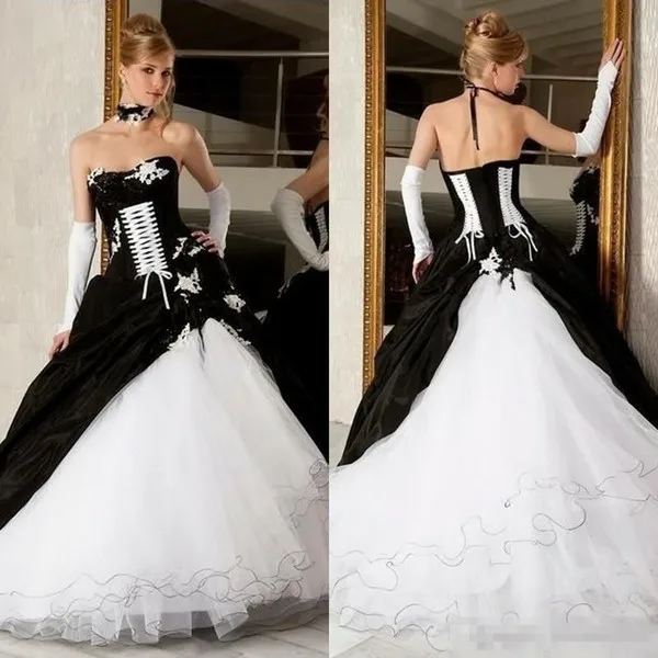 Vintage Black And White Wedding Dresses Ball Gowns Hot Sale Lace-Up Corset Victorian Gothic Plus Size Piping Bridal Gowns image 2