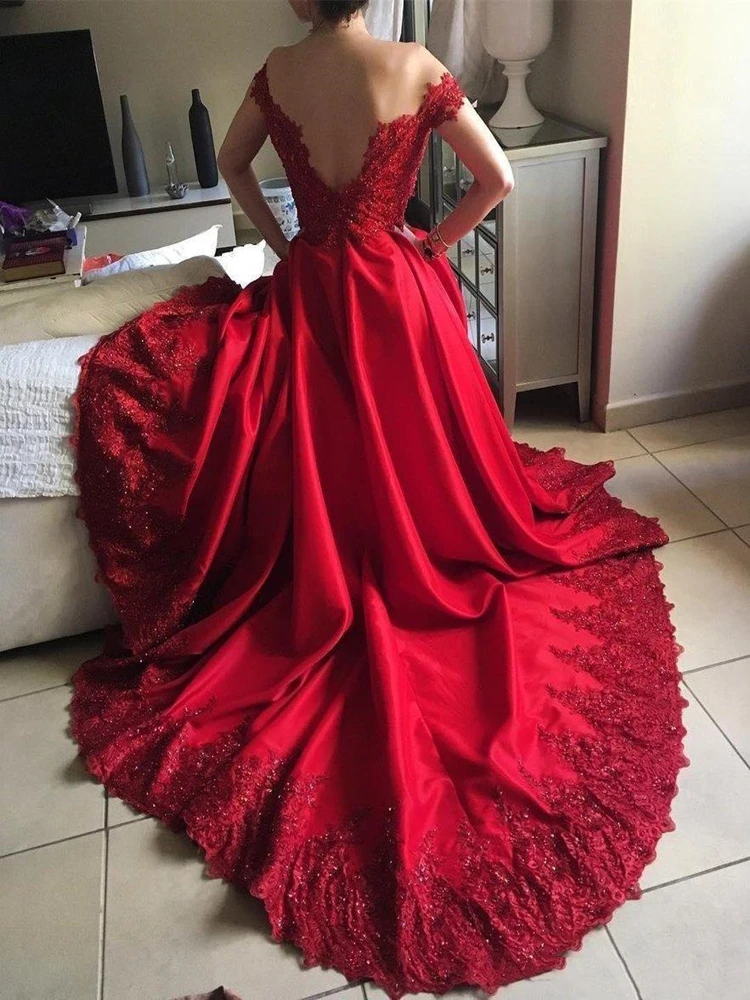 Red Prom Party Dresses 2021 Dubai Arabic Short Sleeve Off Shoulder Backless Evening Gowns Sequined Lace