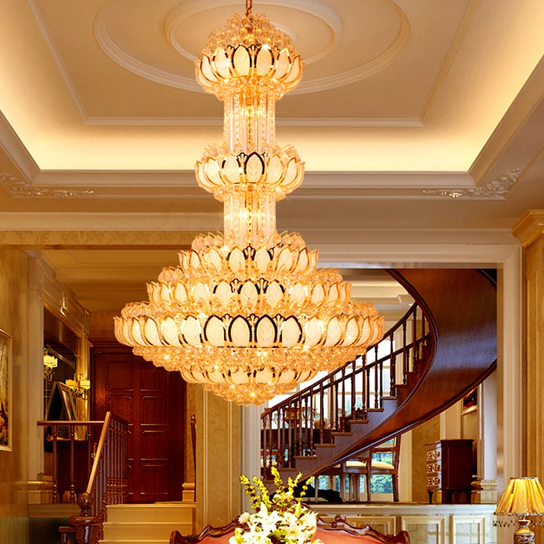 

Crystal Chandelier Lighting Fixture LED Gold Chandeliers Lotus Lamp Big Long Droplight Hotel Lobby Hall Villa Home Indoor Light