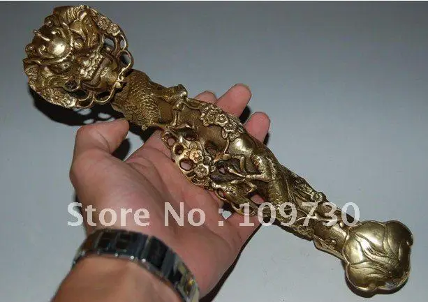 

27 CM Ancient Chinese bronze brass Ruyi scepter & Dragon magpie plum statue Hat