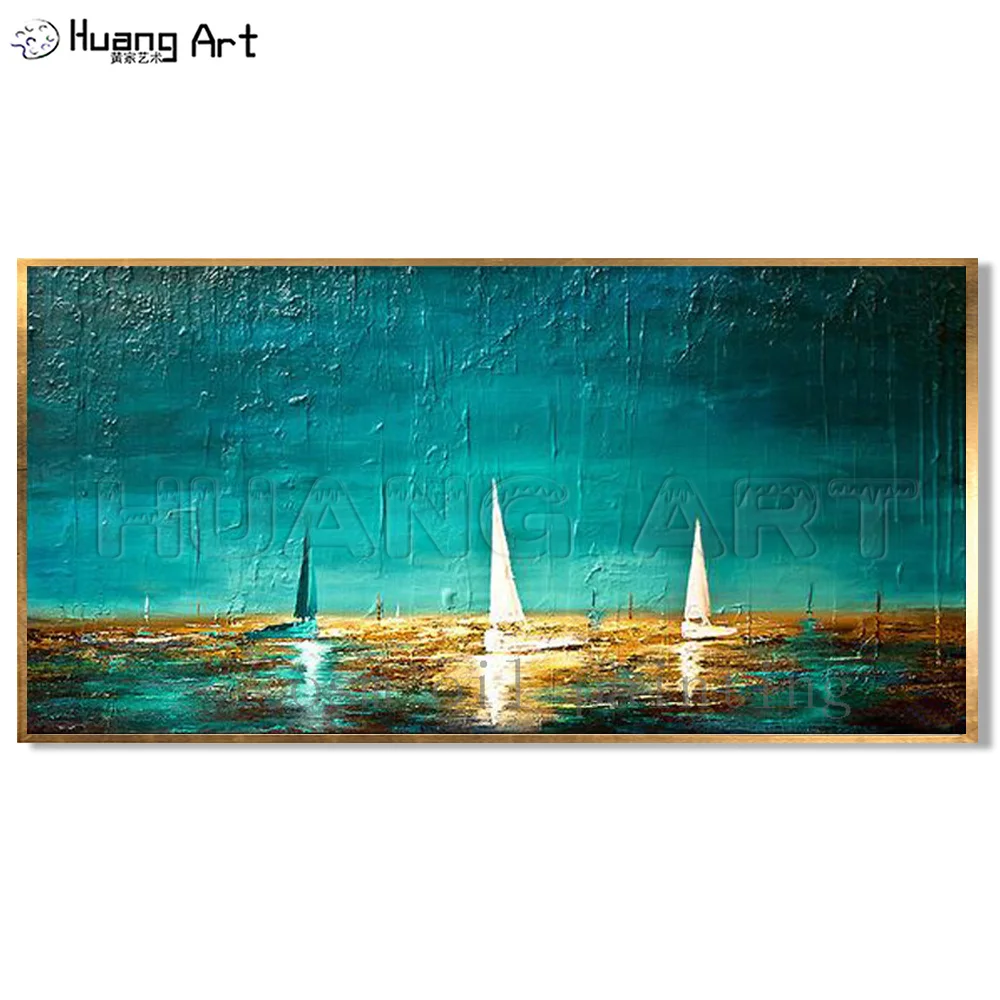 High Quality Abstract Heavy Textured Painting on Canvas Boats in Ocean Seascape Hand Painted Unique Wall Seascape Oil Painting