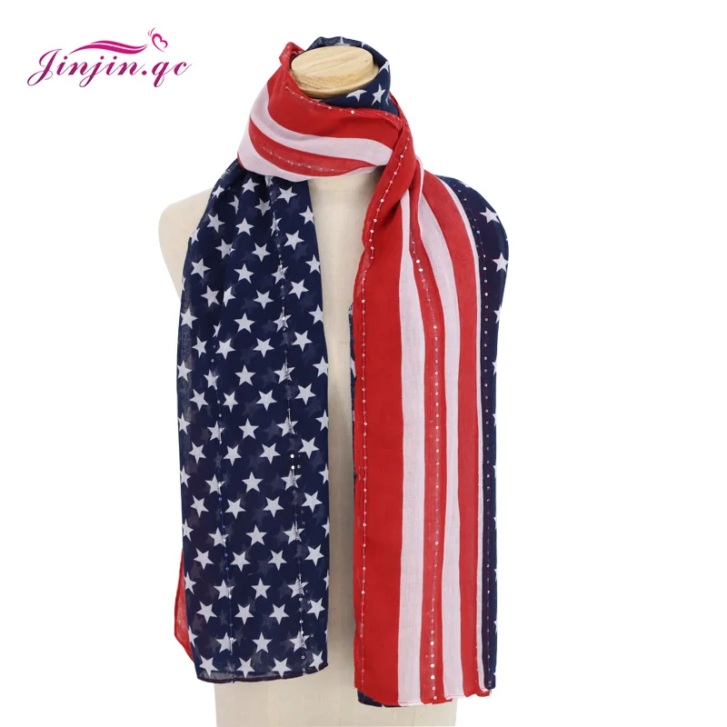 Jinjin.QC Women Scarf United States Flag Stars Lines Pattern Blue Red Stylish Fashion Excellent Quality Viscose Material Woman