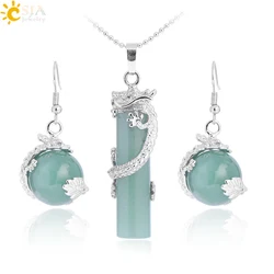 CSJA 2017 Natural Jewelry Set Crystal Round Stone Beads Drop Pendant Necklace Earrings Set Chain Opal Dragon Pendulum Party E390