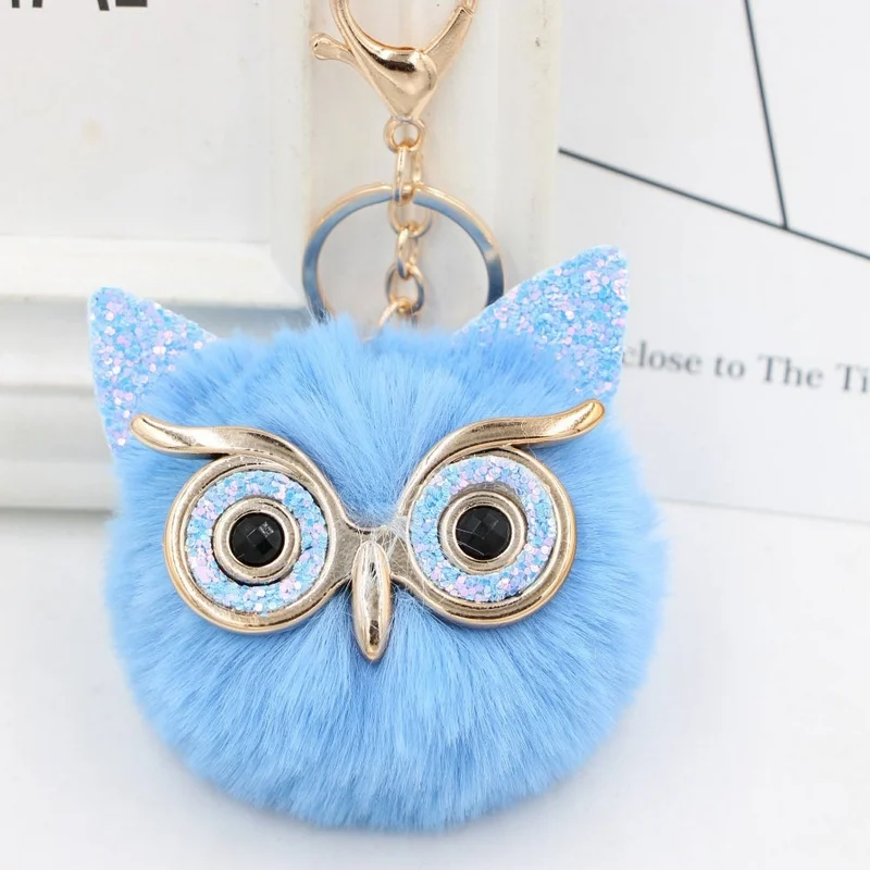 Cute Girls Bling Glitter Owl Keychain Women Fluffy Rabbit Fur Pompom Owl Key Chain On Bag Car Trinket Jewelry Party Gift