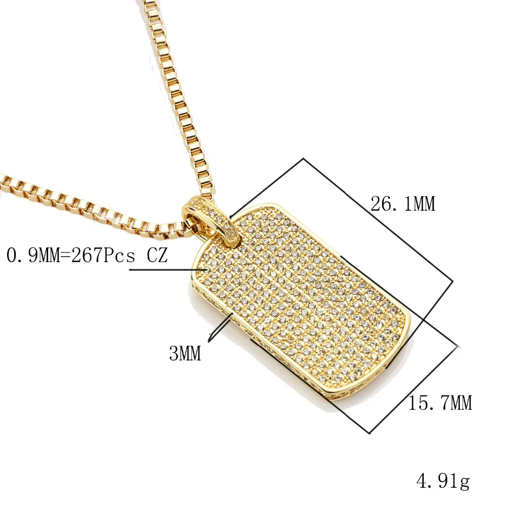 VANAXIN Paved Fashion Pendant Necklecs for Men Druzy 14k Gold Color Iced Out Square Bling Punk Mini Jewelry Dog Tag Shiny Gift