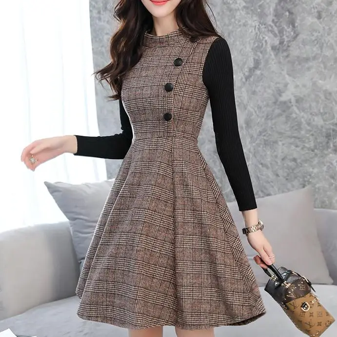 

Women Autumn Winter fashion sleeveless wool plaid knee-length elegant a-line woolen tank dess