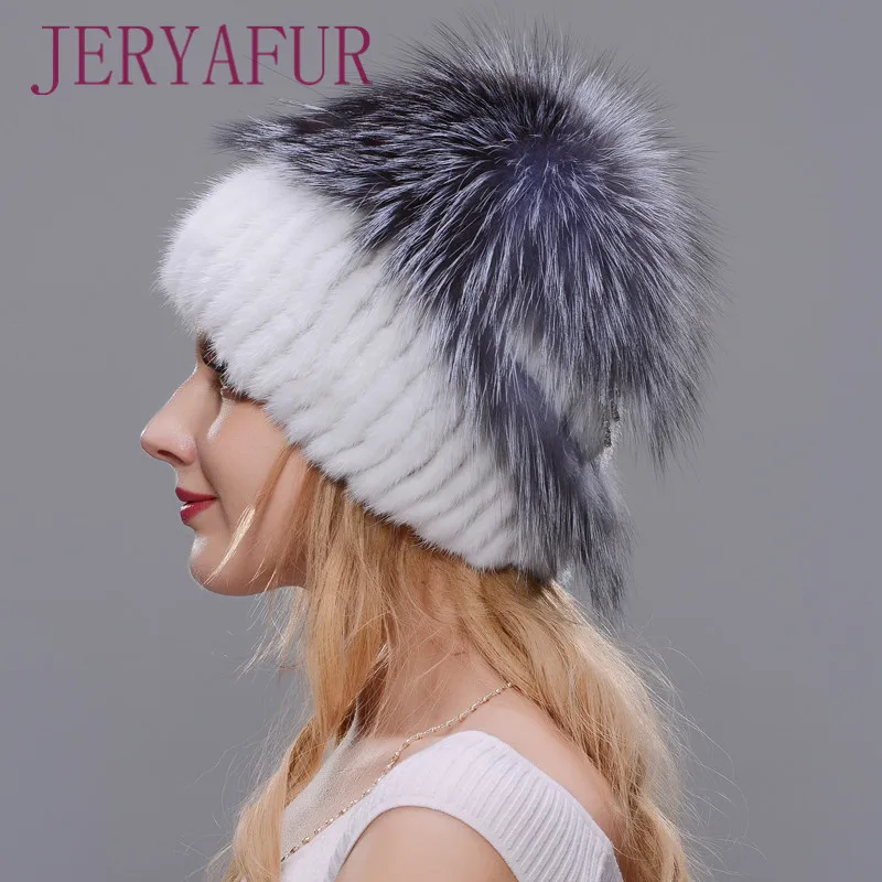 Women New Winter Fur Cap Hooded Head Genuine Mink Fur Hat and Silver Fox Fur Floral Design Hat High Quality Fur Fashion Hat