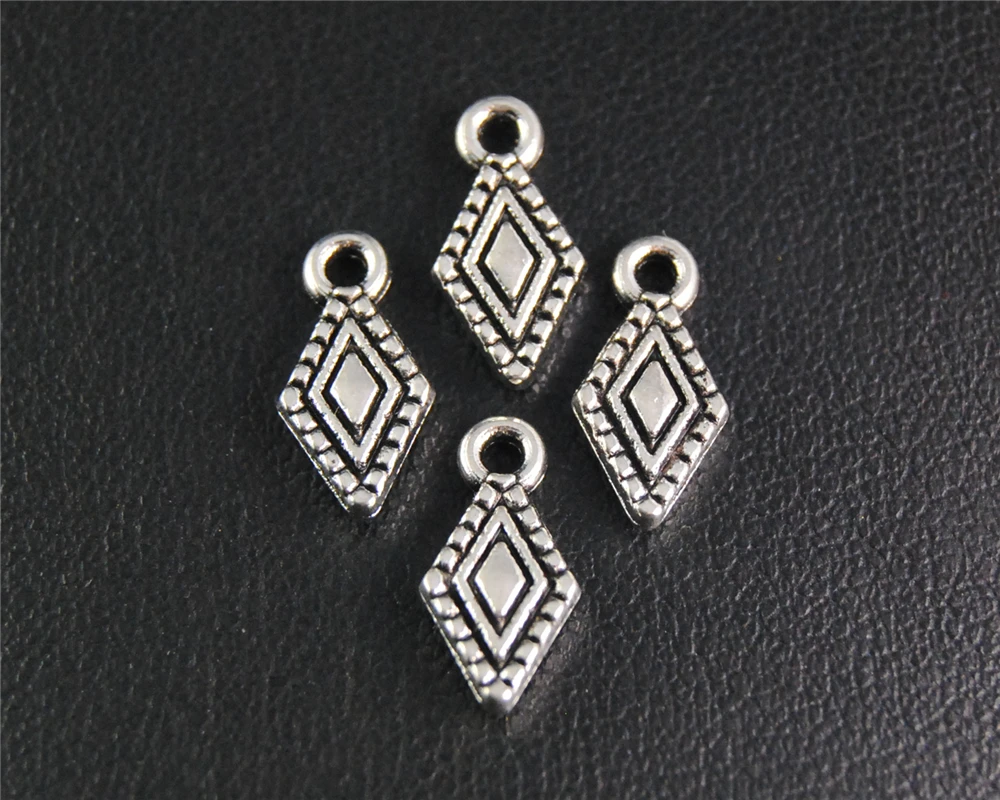 50pcs  Silver Color Rhombus Charm Fit Bracelets Necklance DIY Metal Jewelry Making 13x7mm A2096