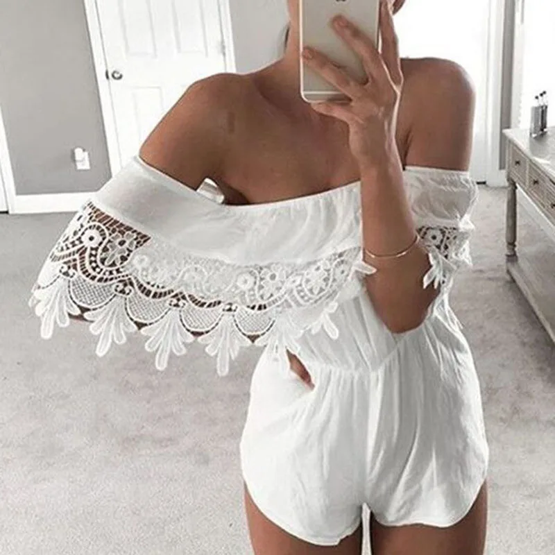 

Women Summer Lace Playsuit Casual Beach Off-shoulder Short Mini Jumpsuit Rompers