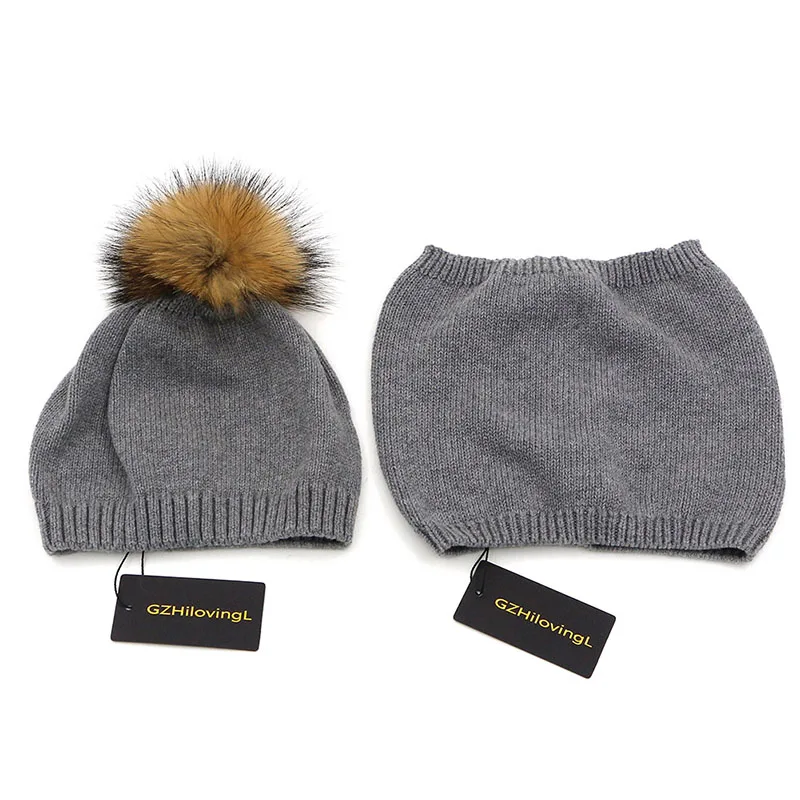 GZHilovingL New Winter Soft Cotton Scarf Hat Set Kids Boys Girls Fur Pompom knitted Beanie Hat Child Baby Solid Scarfs Ring Set