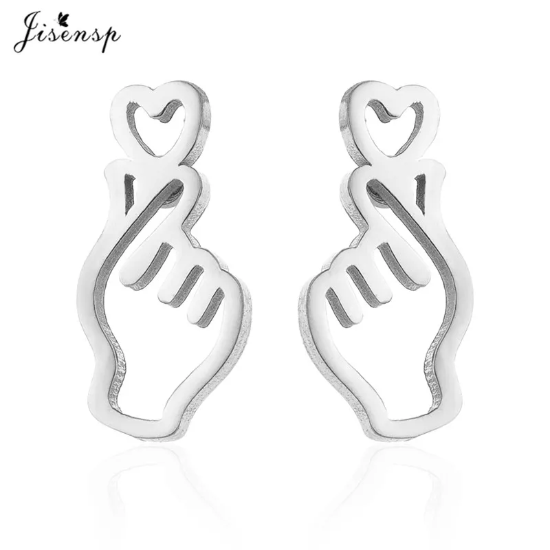 Jisensp Korean Hand Earrings Women Jewelry Stainless Steel Earings BTS Show your Love Heart Stud Earrings Girl boucle d\'oreille