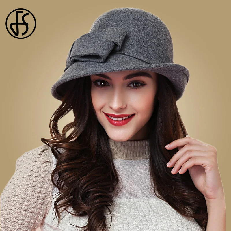 FS eleganckie Bowknot damskie wełniane melonik filcowy czarne czerwone kapelusze Fedora dla kobiet szerokie rondo Vintage Floppy Winter Church Cloche kapelusze