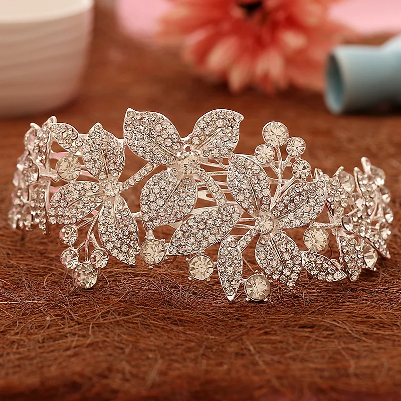 Flowers Bride Hair Accessories handmade Wedding hair jewelry Party crystal Bridal Starry Rhinestone Hair Comb Rhinestone Tiara