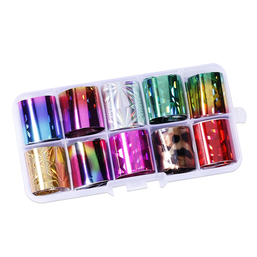 1 Box Transfer Foil 10 Rolls Laser Foils Sticker Sparkly Sky Glitter Nail Art Transfer Stickers Slider Paper For Manicure 3D Tip