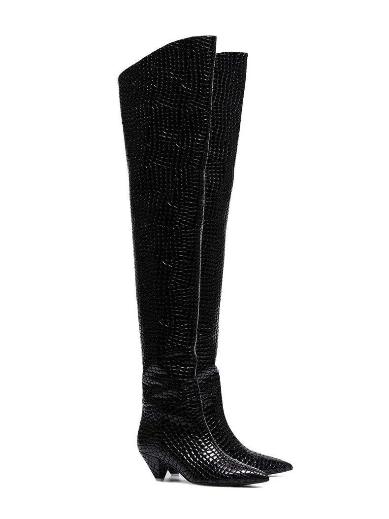 

Sestito Female Sexy Leopard Print Solid Black Pointed Toe Thigh High Boots Women Slip-on Over-the-knee Boots Ladies Dress Shoes