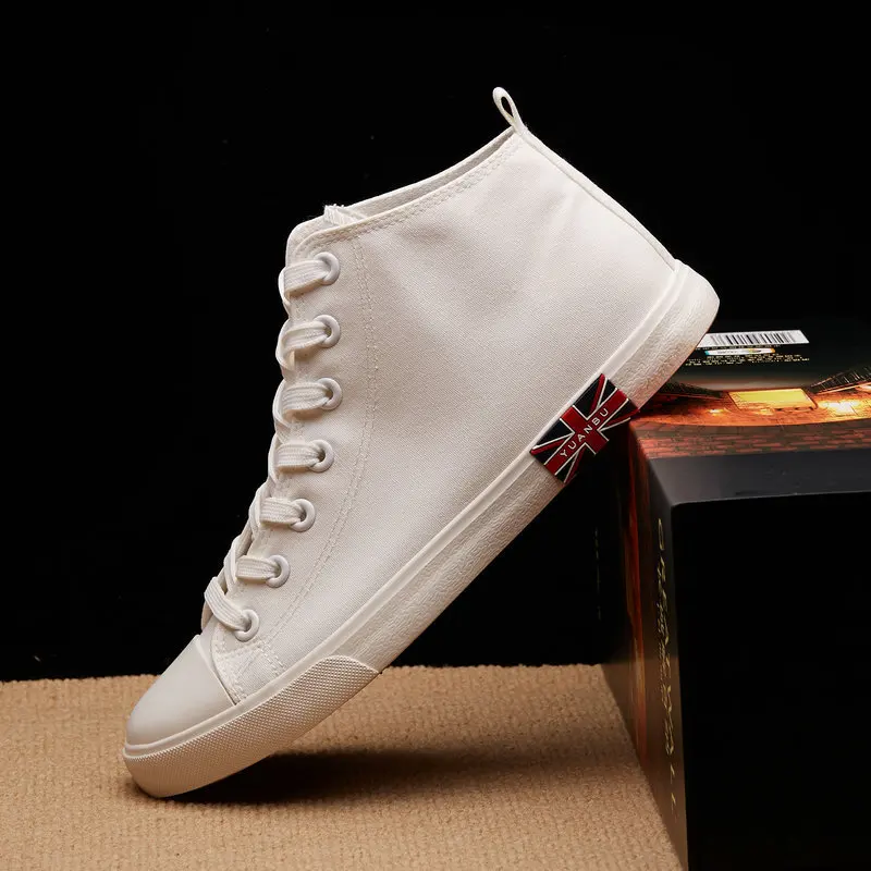 England Style High Quality Solid White and Black Men High Top Sneakers Spring and Autumn Male Flat Sneakers Casual Shoes