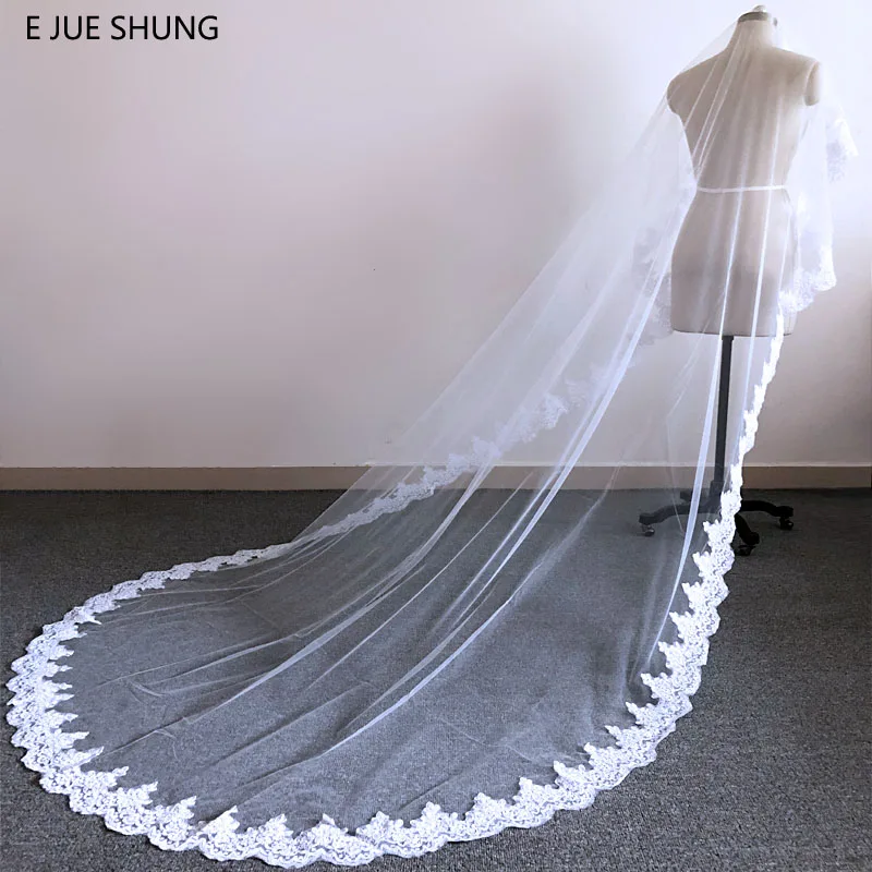 

E JUE SHUNG 3 Meter White Ivory Cathedral Wedding Veils Long Vintage Lace Edge Bridal Veil with Comb Wedding Accessories