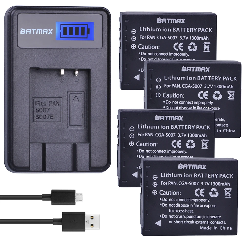 Batmax 4pcs CGA-S007 S007E S007 S007A Battery +LCD USB Charger for Panasonic DMC TZ1 TZ2 TZ3 TZ4 TZ5 TZ50 TZ11 TZ15 Bateria