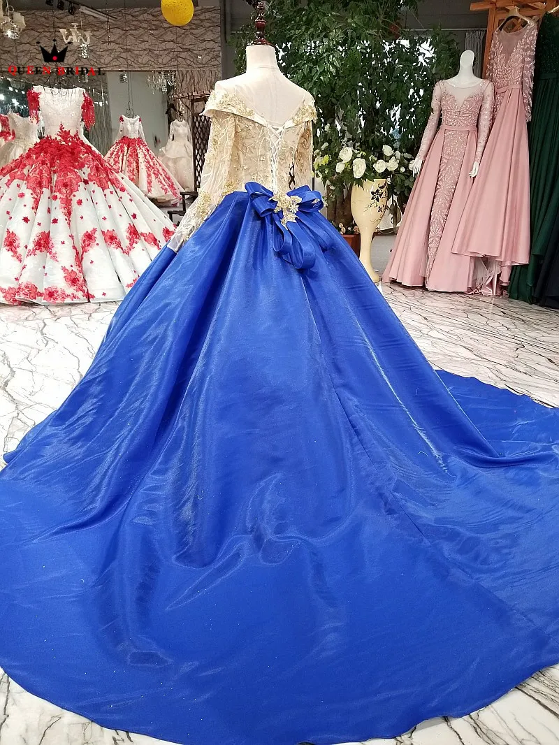 Vestido De noche azul Real De lujo con Apliques De encaje y cuentas, manga larga, 100%, 2021