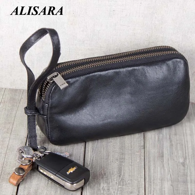 Clutch Bag Male Cowhide Leather Top End Handmade Double Zipper Long Wallet Casual Cell Phone Purses Wristband Keychain