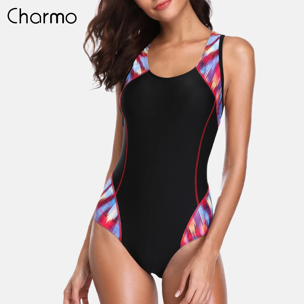 Charmo One Piece Women Sports Swimwear Sports Swimsuit Patchwork Competition Swimwear Backless Beachwear Bathing Suits fitness