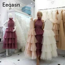 Neue Tiered Tüll Prom Kleider Weiß Rosa Schwarz Saudi Arabisch Tee Länge Elegante Frauen Formale Party Kleid vestido Gala