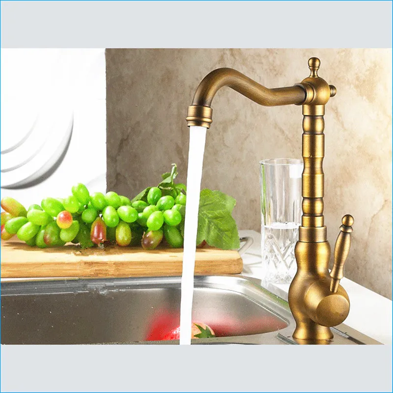 Grifo de bronce antiguo para cocina, grifería giratoria retro para lavabo de verduras, mezclador de agua fría y caliente, J14812