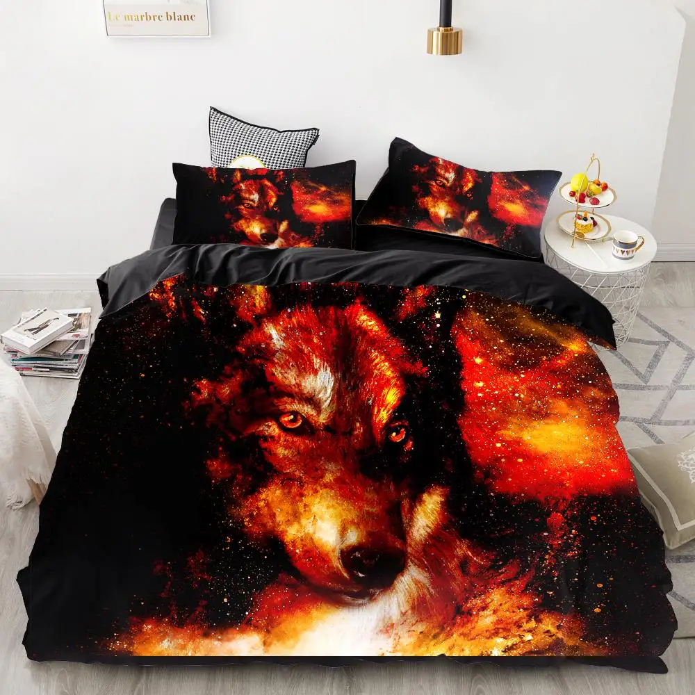 3D Print Bedding Set Custom,Duvet Cover Set King/Europe/USA,Comforter/Quilt/Blanket Cover Set,Animal fire wolf Bedclothes