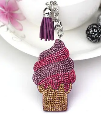 10pcs/lot Handmade Ice cream Shape Keychains Alloy Leather Tassel Car Keyring With Rhinestone ice cream key ring