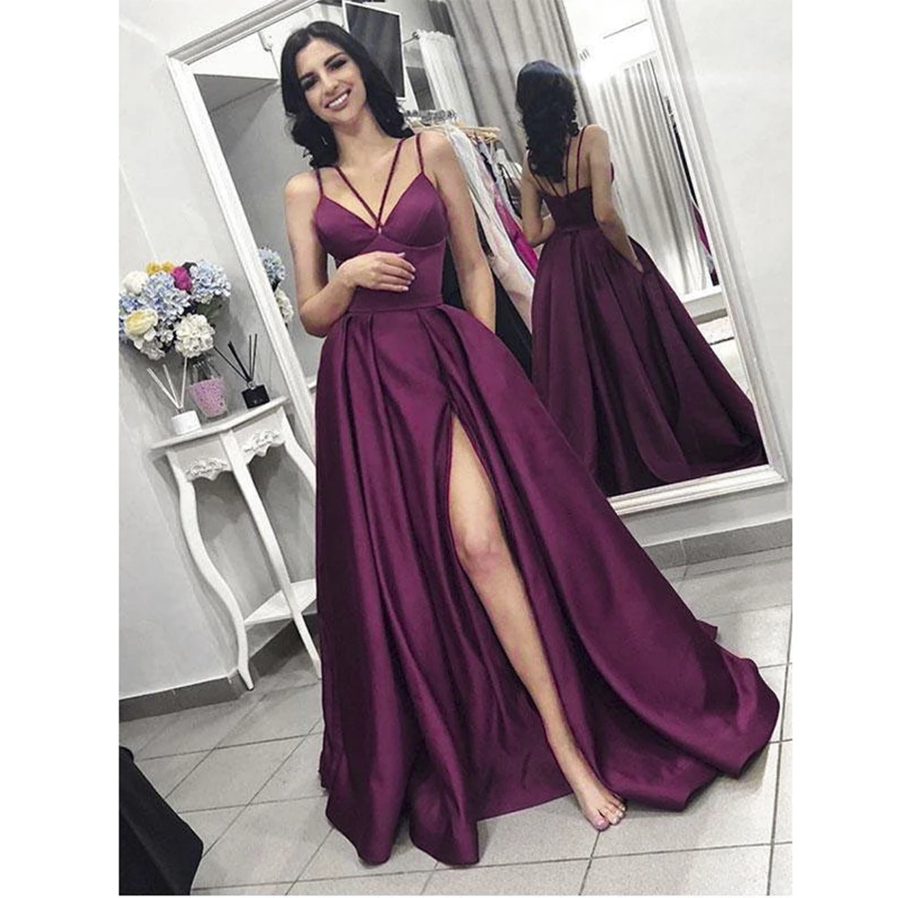 Borgonha vestidos de noite elegante vestido de baile com fenda 2019 feminino cetim formal vestido de festa robe