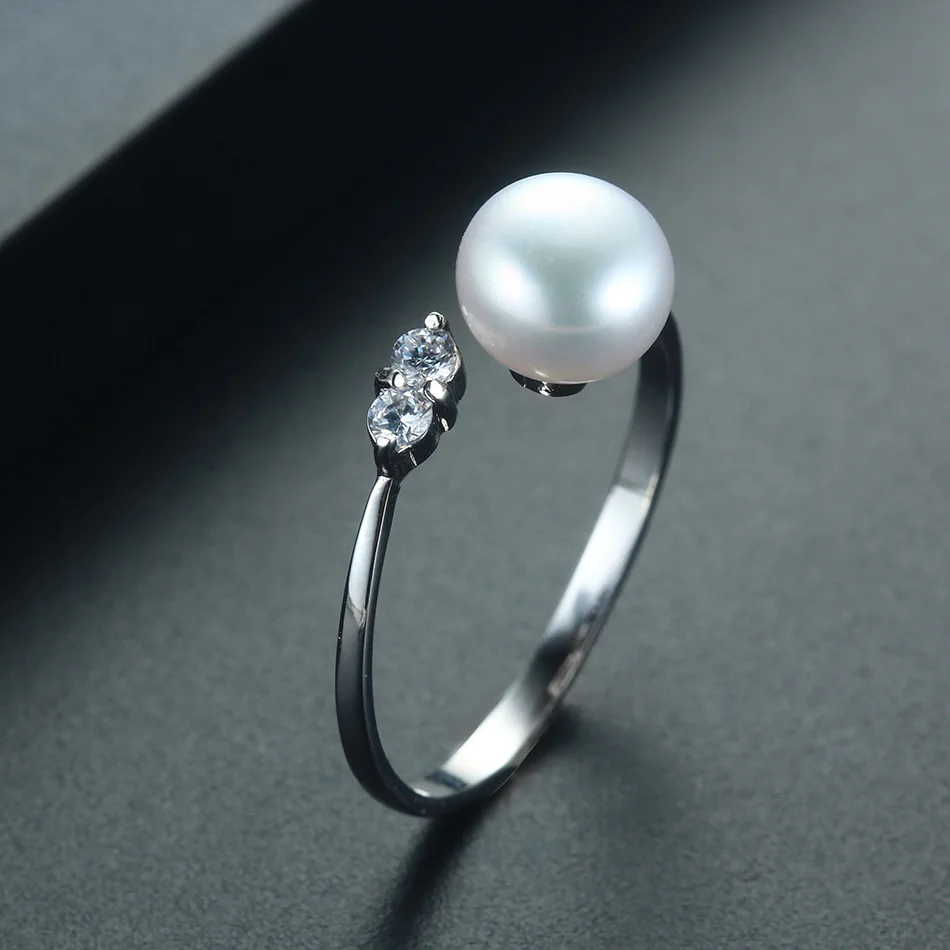 Cauuev  8-9 mm High Luster  100% Natural Freshwater Pearl  Women Engagement Rings AAA Shiny Crystal 925 Sterling Silver  Jewelry