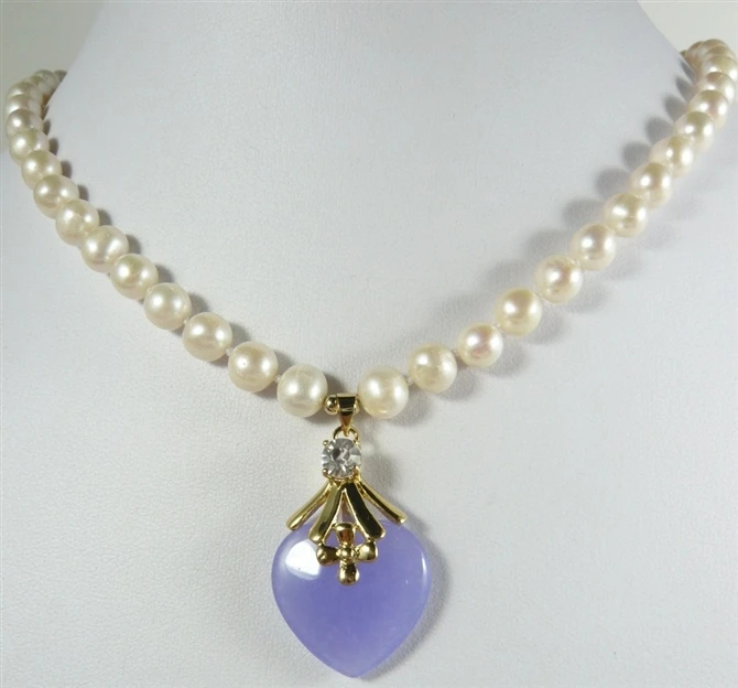 

fashion jewelry Beautiful Freshwater pearl and purple heart shape jade pendant Necklace free shipping