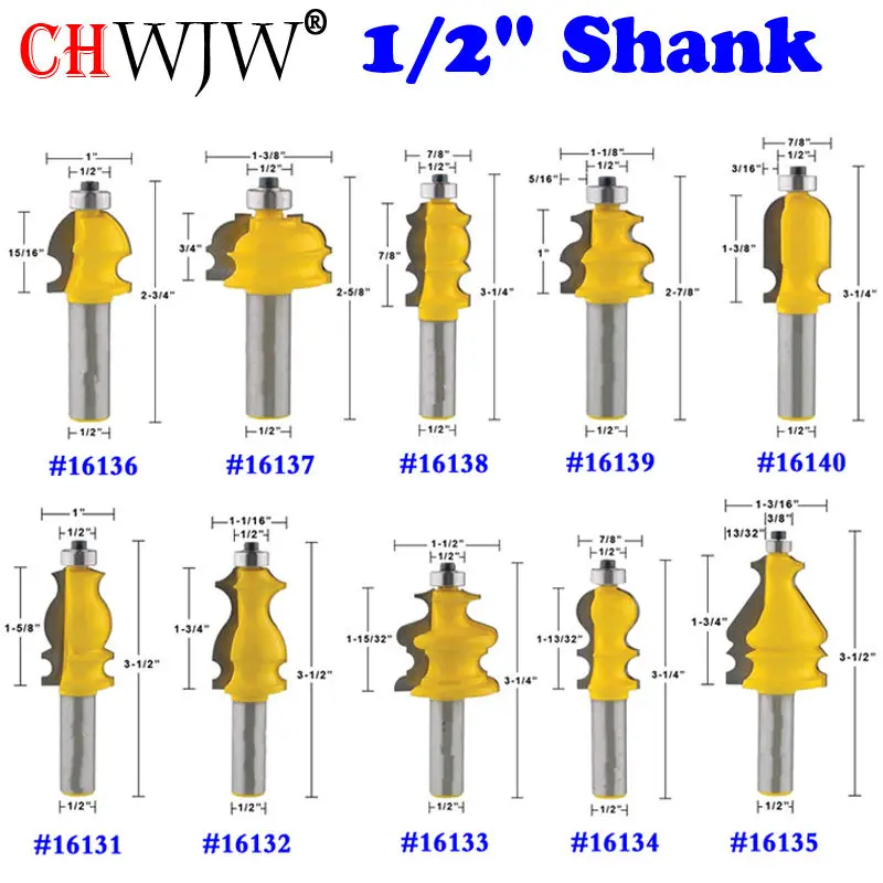 10 Bit Architectural Molding Router Bit Set - 1/2