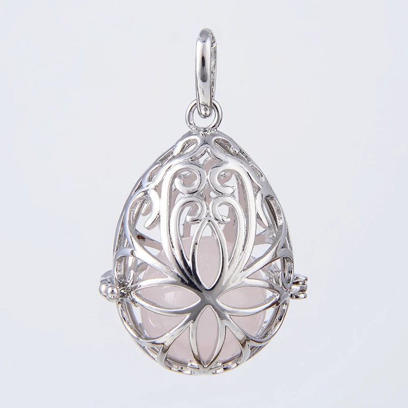 New Silver Plated Copper Round Egg Metal Flower Hollow Cage Pendant With Pink Crystal Tiger Eye Yellow Natural Stone Ball