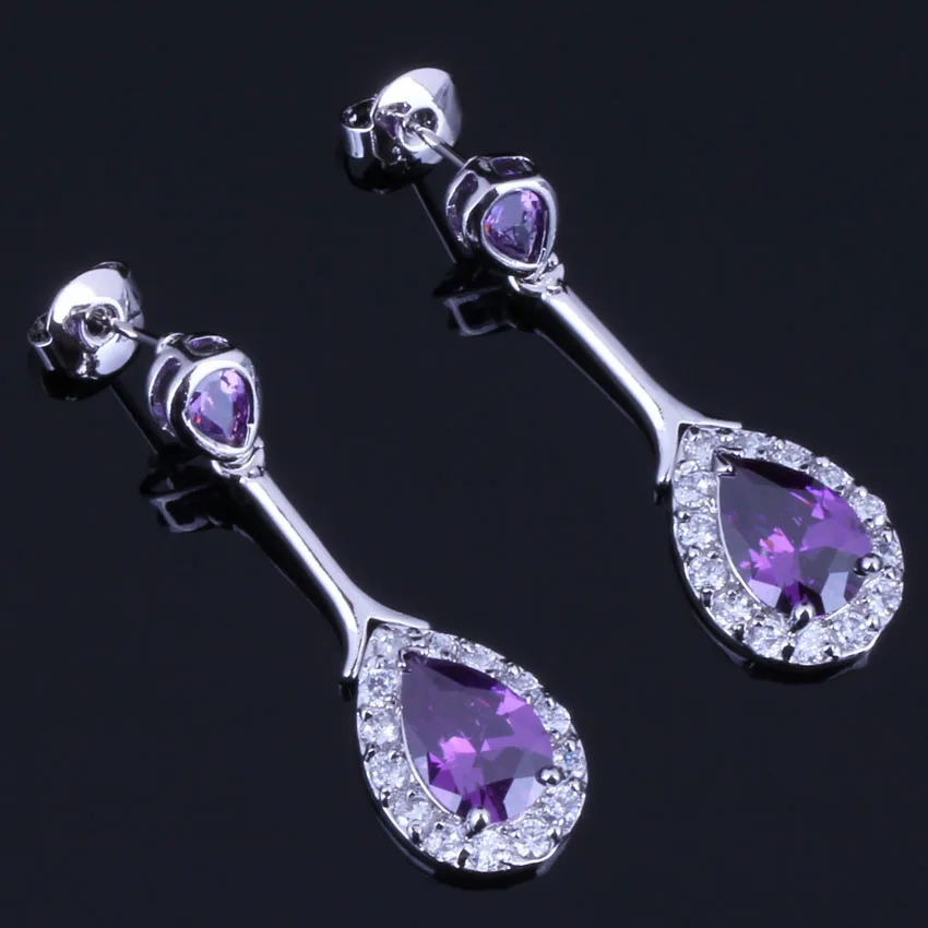 Gleaming Water Drop Purple Cubic Zirconia White CZ Silver Plated Drop Dangle Earrings V0722