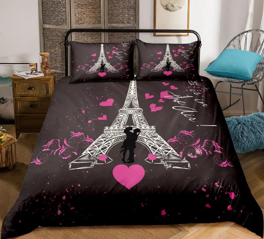 Tower Bedding set Romantic Duvet cover set for couple Roses Bed line for lovers pink quilt cover girl bed set wedding gifts