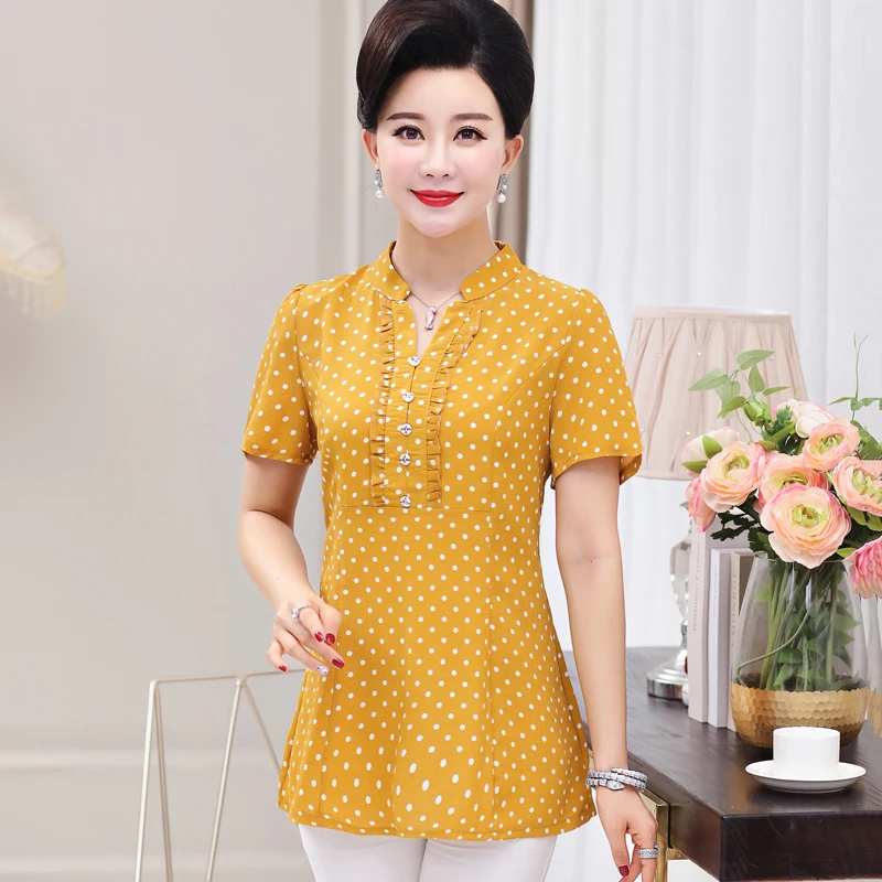 Summer Elegant Polka Dot Printed Women T shirt Tops 5XL 3XL 4XL Mother Clothes Female Short Sleeve Buttons V-Neck Casual Tee