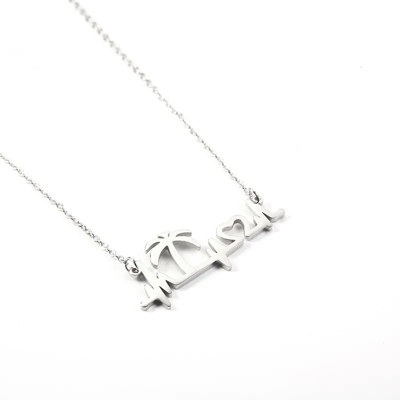 Palm Tree Coconut Tree Electrocardiogram Heartbeat Love Heart Copper Pendant Necklace Tropical Summer Jewelry