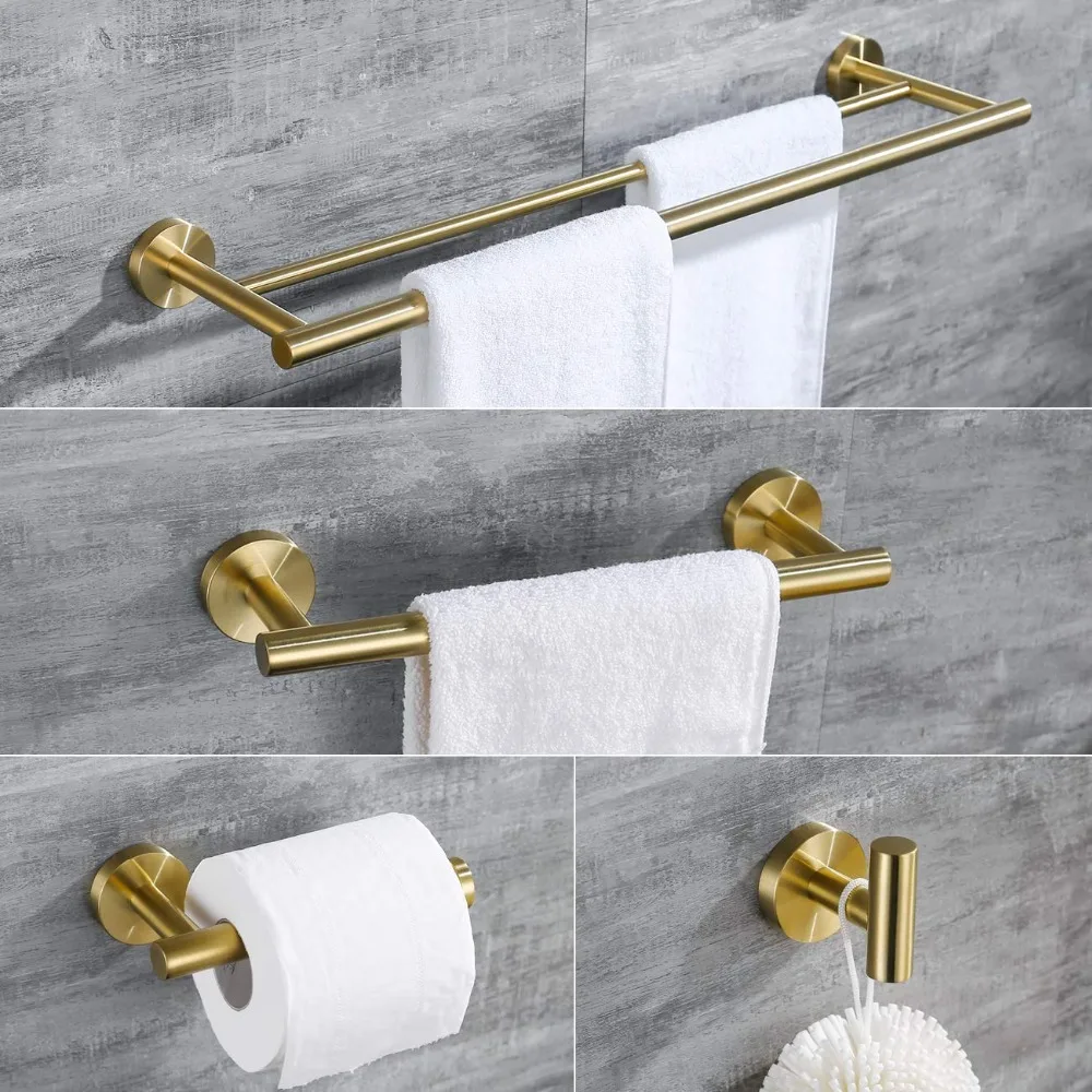 4-Piece Bathroom Accessories Set  Wall Mount Brushed Gold Double Towel Bar, Hand Towel Rack, Toilet Paper Holder, Robe Hooks