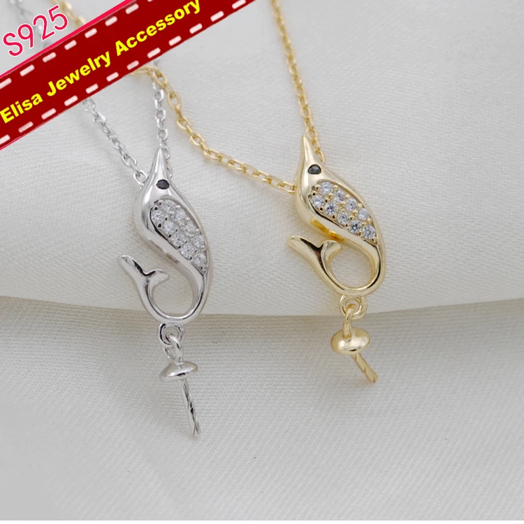 Dolphin Pendant Choker Settings S925 Sterling Silver Pearl Pendant Necklace Fittings Pearl Jewelry Accessory 3Pcs/Lot