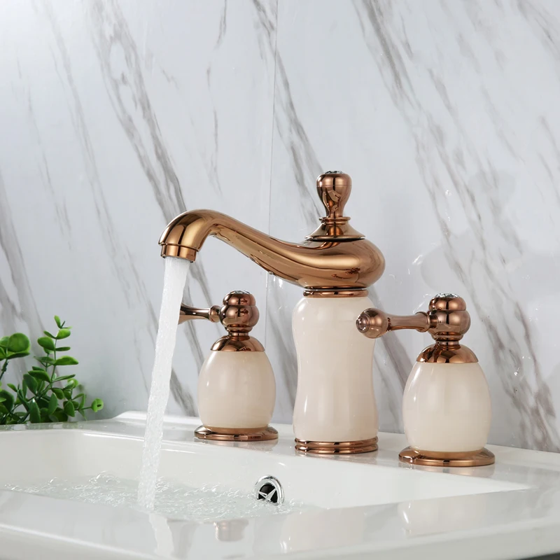 Luxury Rose Gold Brass Natural jade Bathroom Sink Faucet  Art Basin Mixer Taps three holes high quality Lavatory Faucet--SM5387